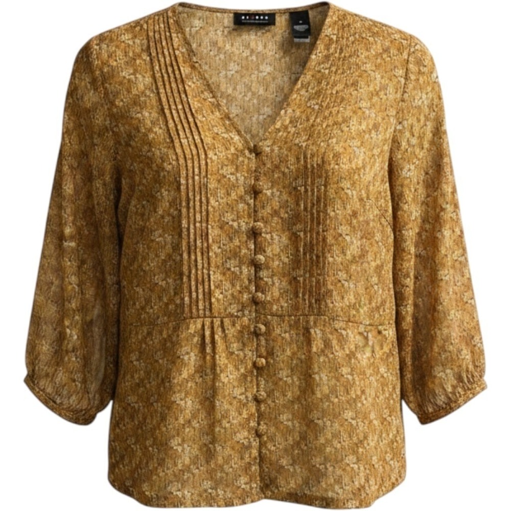 Vintage Y2K Liz Top Sheer Brown Floral Pleated Chiffon M Boho Hippie Festival